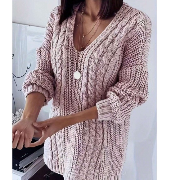 Plus Cozy Solid V neck Chunky Cable knit Loose Fit Sweater top - Picture 1 of 5